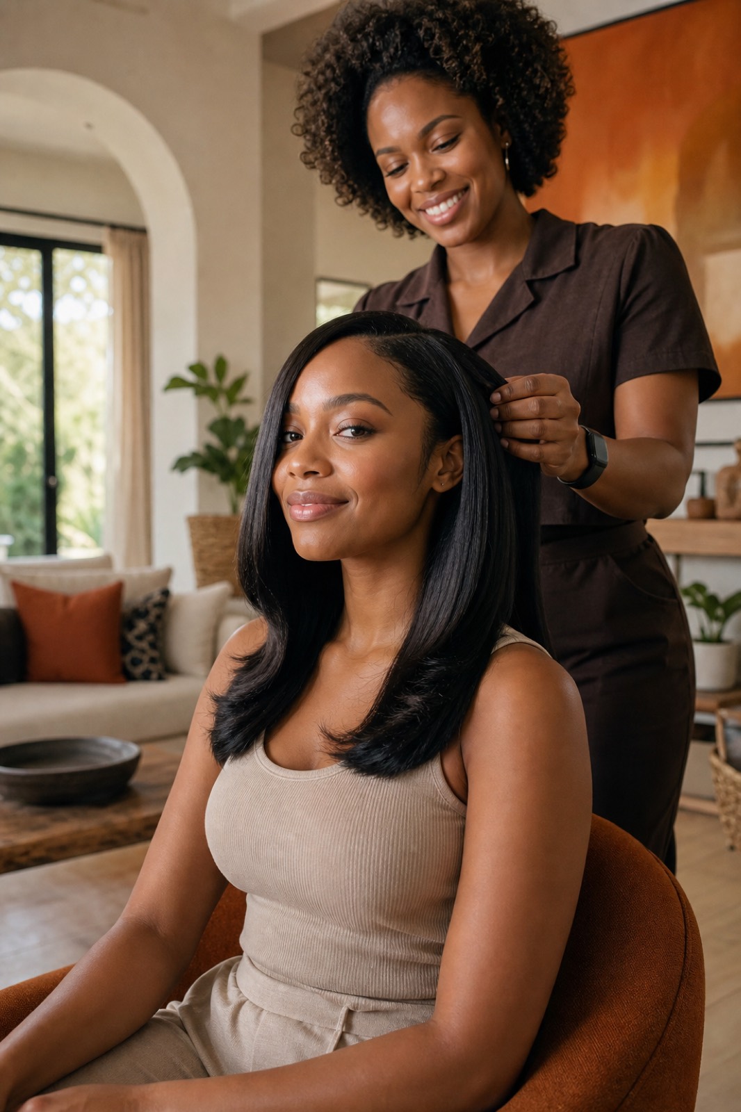 A silk press at home — hair styled on the sofa, not in a salon chair